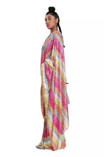 Multicolour Metallic Lycra Plain Saree With Blouse