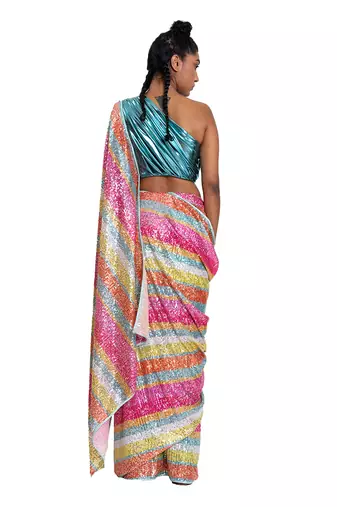 Multicolour Metallic Lycra Plain Saree With Blouse