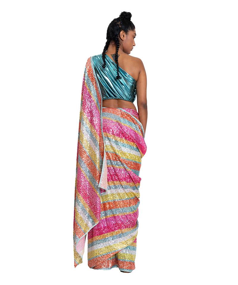 Multicolour Metallic Lycra Plain Saree With Blouse