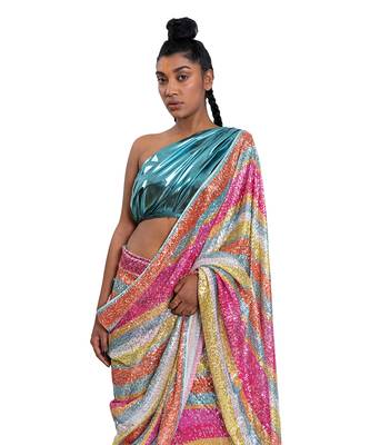Multicolour Metallic Lycra Plain Saree With Blouse 4