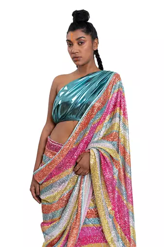 Multicolour Metallic Lycra Plain Saree With Blouse
