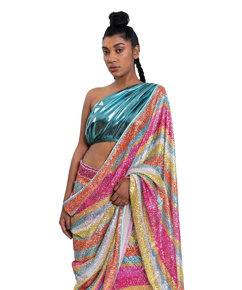 Multicolour Metallic Lycra Plain Saree With Blouse