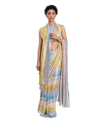 Blue Stretch Sequin Plain Saree With Blouse 1