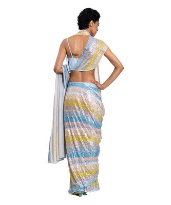 Blue Stretch Sequin Plain Saree With Blouse 2