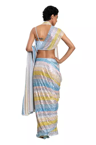 Blue Stretch Sequin Plain Saree With Blouse