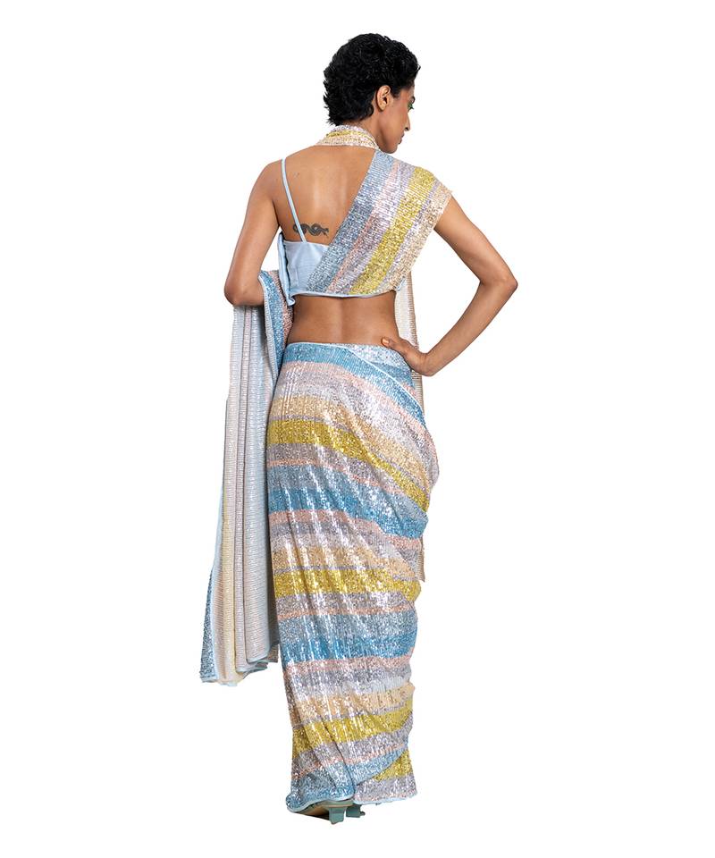 Blue Stretch Sequin Plain Saree With Blouse