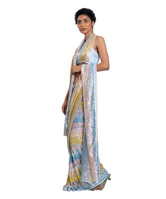 Blue Stretch Sequin Plain Saree With Blouse 3