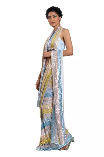 Blue Stretch Sequin Plain Saree With Blouse