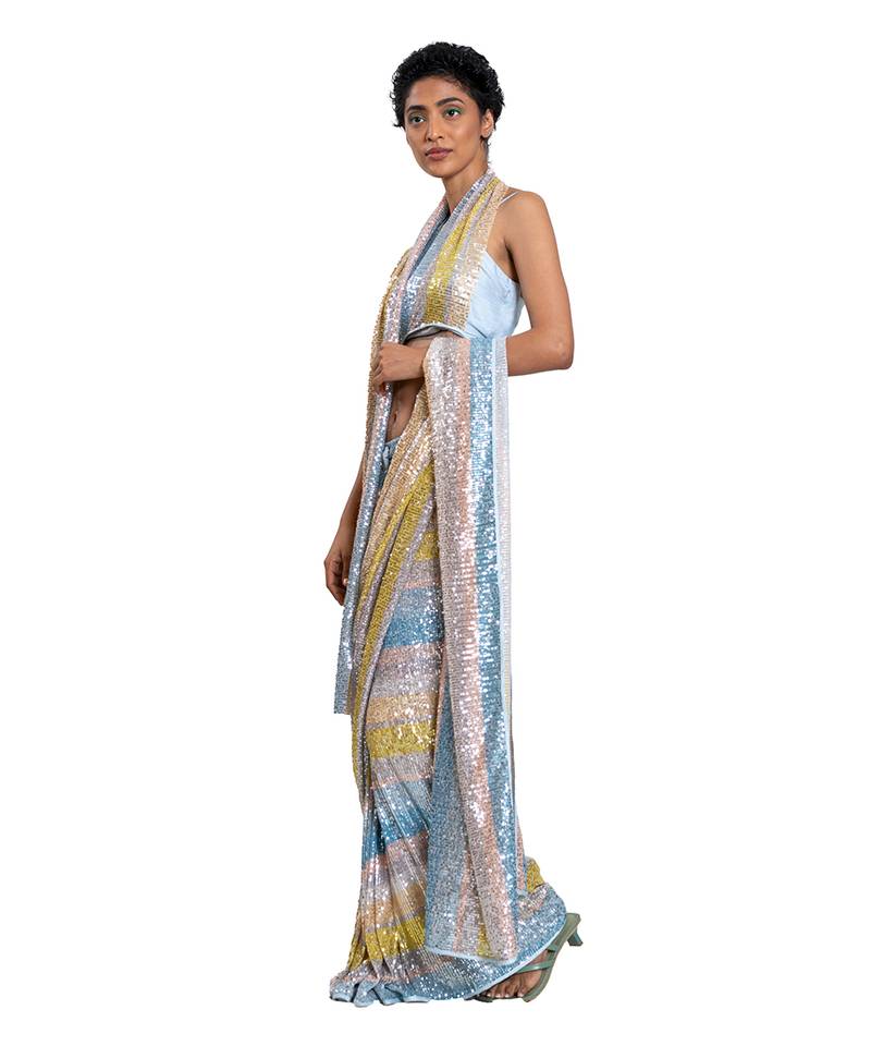 Blue Stretch Sequin Plain Saree With Blouse