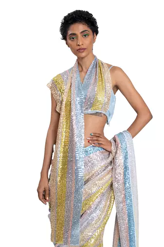 Blue Stretch Sequin Plain Saree With Blouse