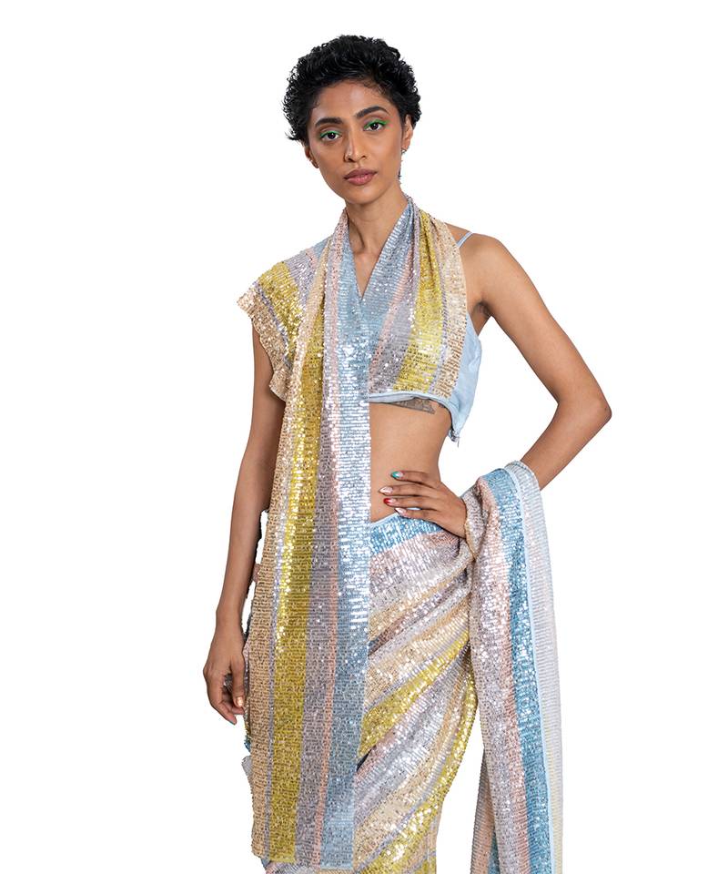 Blue Stretch Sequin Plain Saree With Blouse