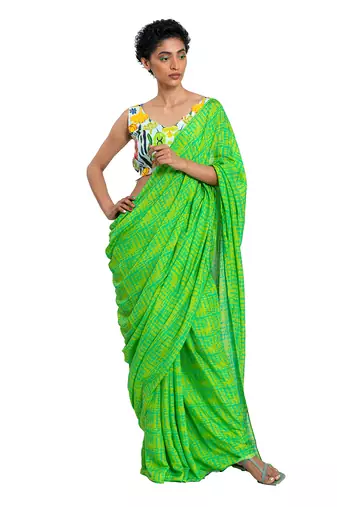 Green Floral Muslin Saree With Blouse
