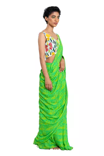 Green Floral Muslin Saree With Blouse