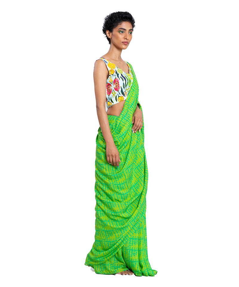 Green Floral Muslin Saree With Blouse