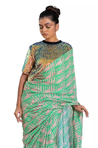 Digital Shibori Saree With Holographic Sequin Blouse