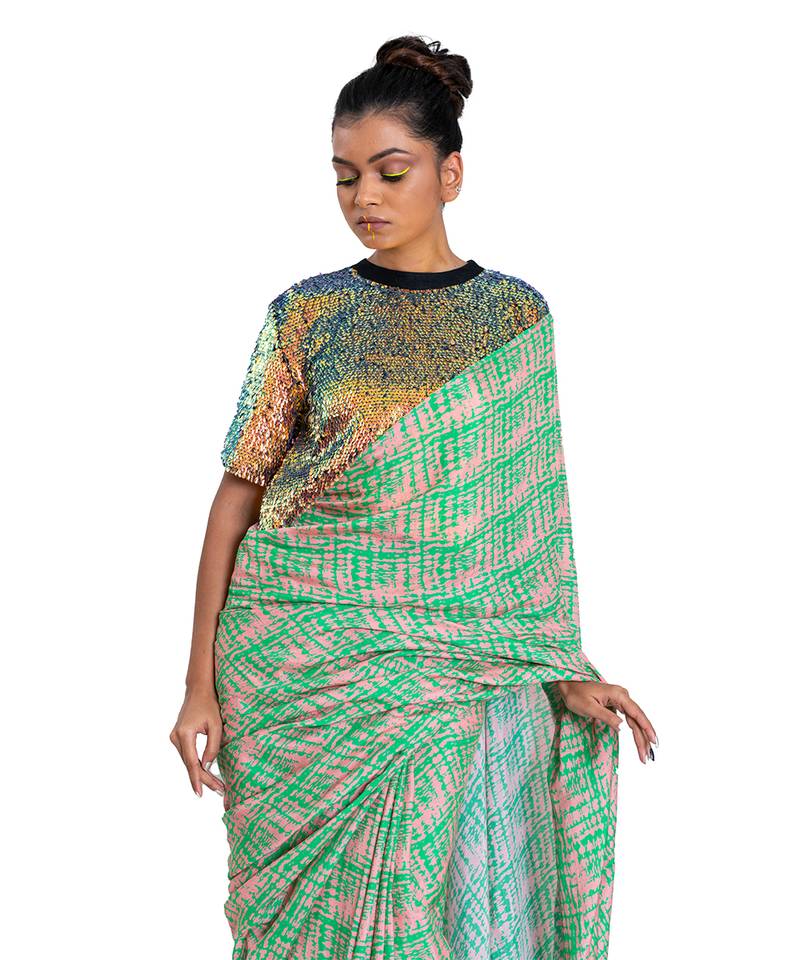 Digital Shibori Saree With Holographic Sequin Blouse