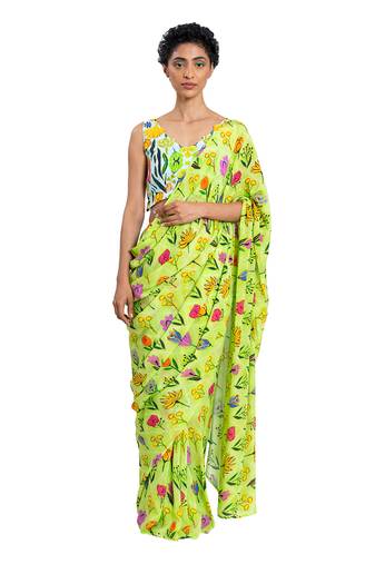 Green Crepe Plain Saree With Blouse