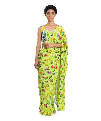Green Crepe Plain Saree With Blouse 1