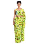 Green Crepe Plain Saree With Blouse