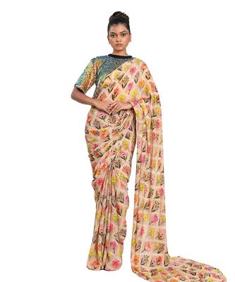 Beige Crepe Plain Saree With Blouse 1