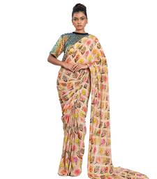 Beige Crepe Plain Saree With Blouse