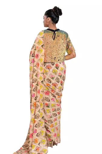 Beige Crepe Plain Saree With Blouse