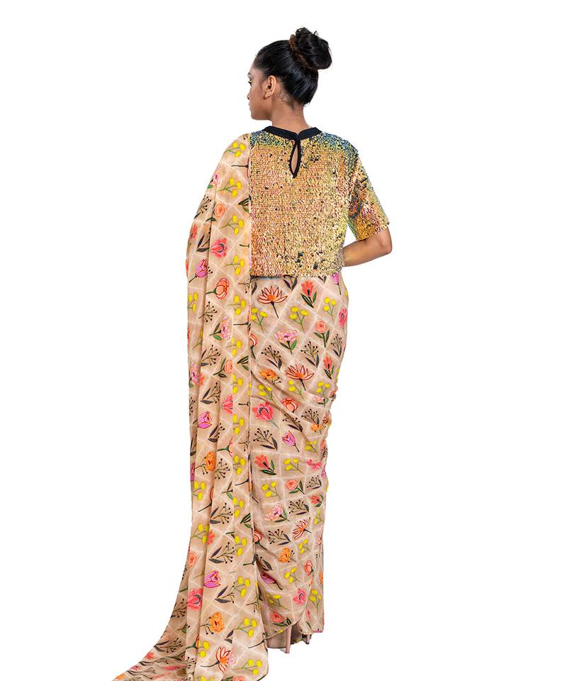 Beige Crepe Plain Saree With Blouse