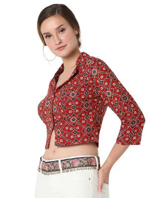 Salwar Studio Women's Maroon Cotton Printed Readymade Saree Blouse 3