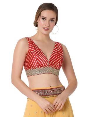 Salwar Studio Women's Red Silk Embroidered Readymade Saree Blouse 1