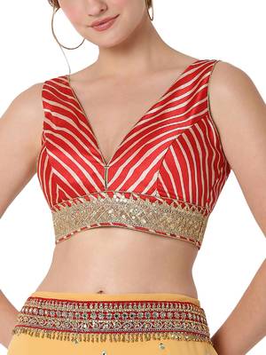 Salwar Studio Women's Red Silk Embroidered Readymade Saree Blouse 5