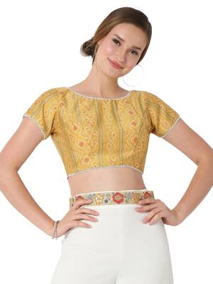 Salwar Studio Women's Yellow Polyester Printed Readymade Saree Blouse 1
