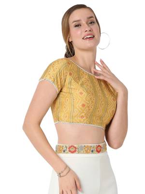 Salwar Studio Women's Yellow Polyester Printed Readymade Saree Blouse 4