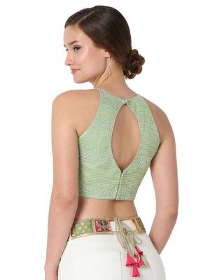 Salwar Studio Women's Pastel Green Dupion Silk Embroidered Readymade Saree Blouse 2
