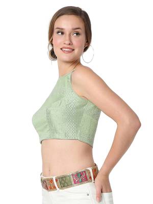 Salwar Studio Women's Pastel Green Dupion Silk Embroidered Readymade Saree Blouse 3