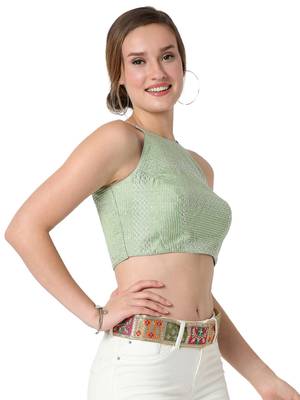 Salwar Studio Women's Pastel Green Dupion Silk Embroidered Readymade Saree Blouse 4