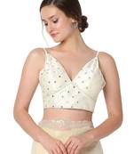 Salwar Studio Women's Off White Dupion Silk Embroidered Readymade Saree Blouse