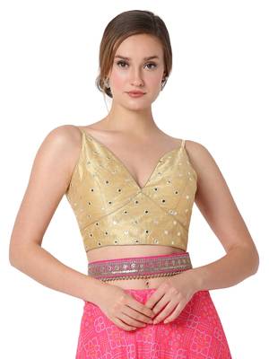Salwar Studio Women's Gold Dupion Silk Embroidered Readymade Saree Blouse 1