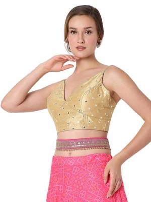 Salwar Studio Women's Gold Dupion Silk Embroidered Readymade Saree Blouse 3