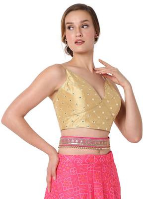 Salwar Studio Women's Gold Dupion Silk Embroidered Readymade Saree Blouse 4
