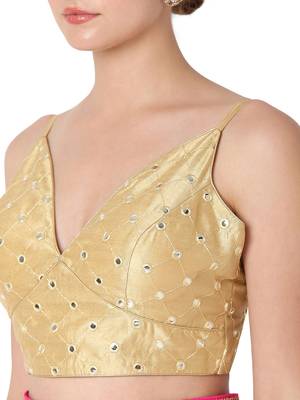 Salwar Studio Women's Gold Dupion Silk Embroidered Readymade Saree Blouse 5