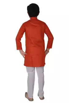 Orange Self Design Cotton Boys Kurta Pajama Set