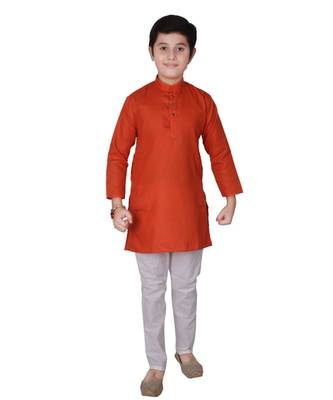 Orange Self Design Cotton Boys Kurta Pajama Set 3