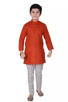Orange Self Design Cotton Boys Kurta Pajama Set