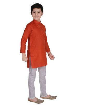 Orange Self Design Cotton Boys Kurta Pajama Set 4