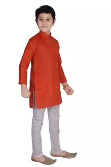 Orange Self Design Cotton Boys Kurta Pajama Set