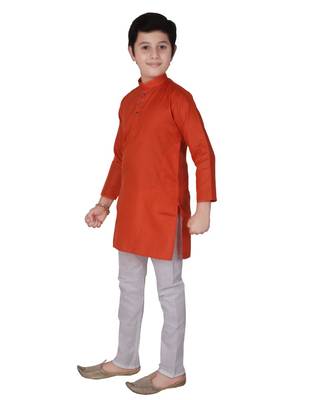 Orange Self Design Cotton Boys Kurta Pajama Set 1