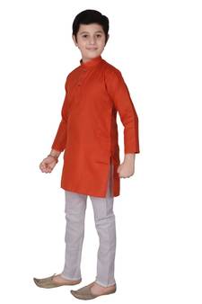 Orange Self Design Cotton Boys Kurta Pajama Set