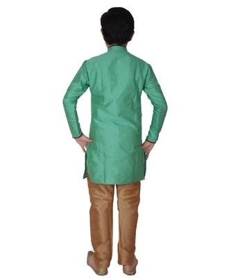 Green Self Design Silk Boys Kurta Pajama Set 2