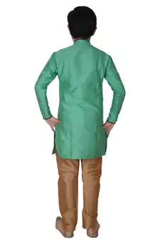 Green Self Design Silk Boys Kurta Pajama Set