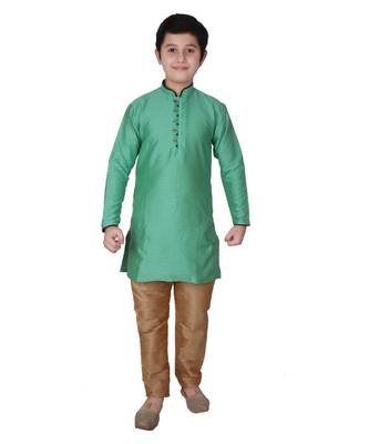 Green Self Design Silk Boys Kurta Pajama Set 1